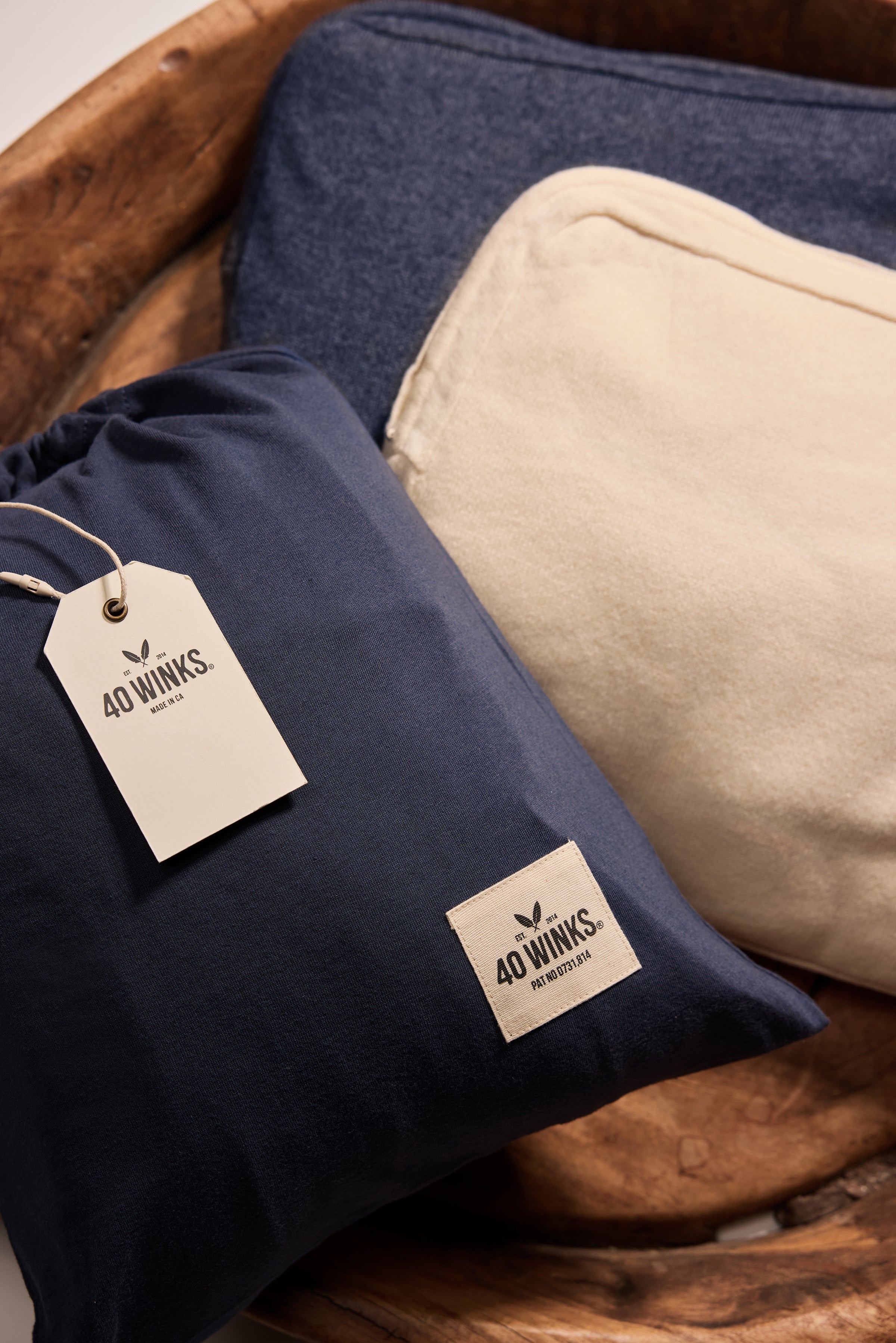 40 Winks navy and cream storage bags made from durable cotton, perfect for organization.